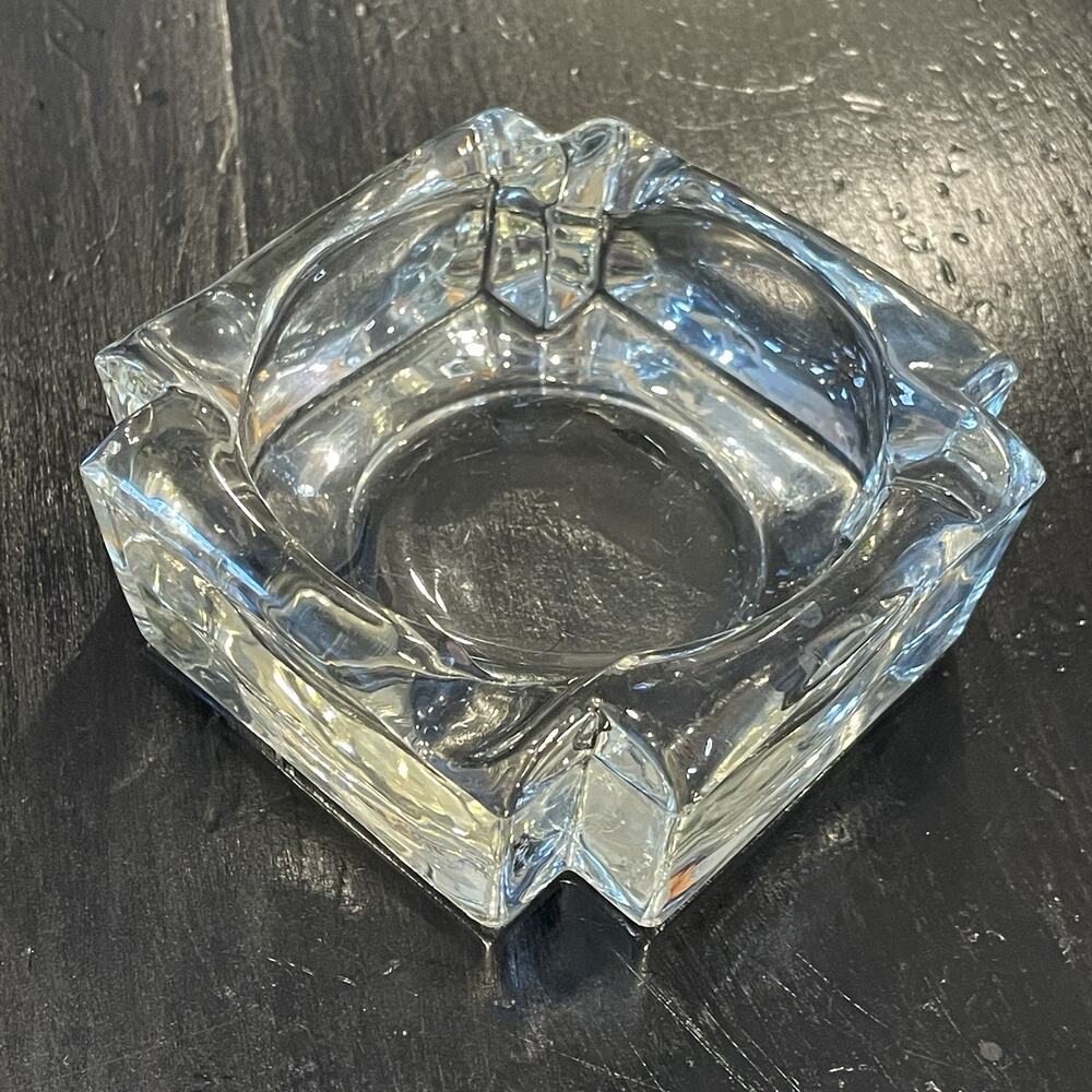 Vintage Ashtray Mid Century Modern Glass Clear‎ Barware Heavy Square Trinket